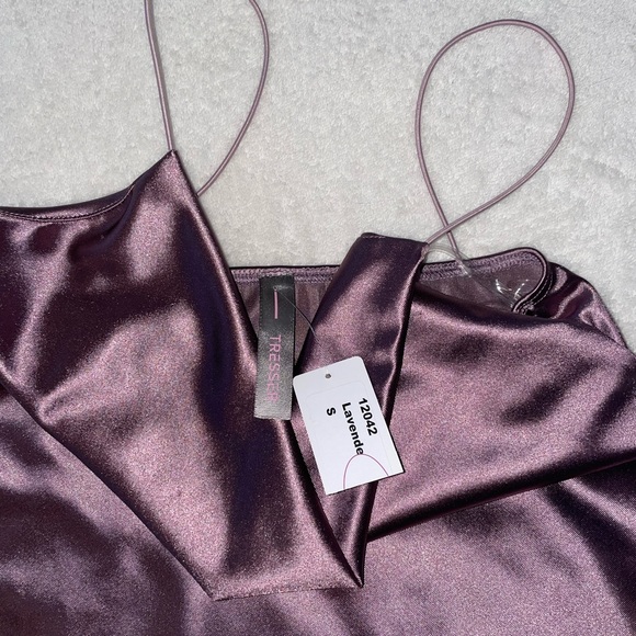 NWT Tresser Mini Bodycon Dress Spaghetti Straps Metallic Purple - Picture 3 of 5